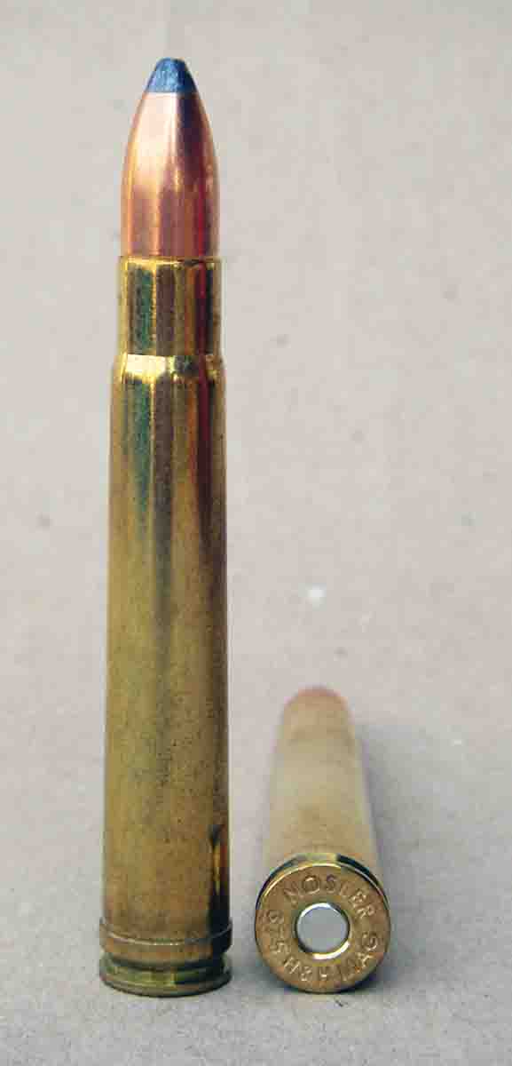 The .375 Holland & Holland Magnum case is long, tapered and requires a belt for positive headspace control.